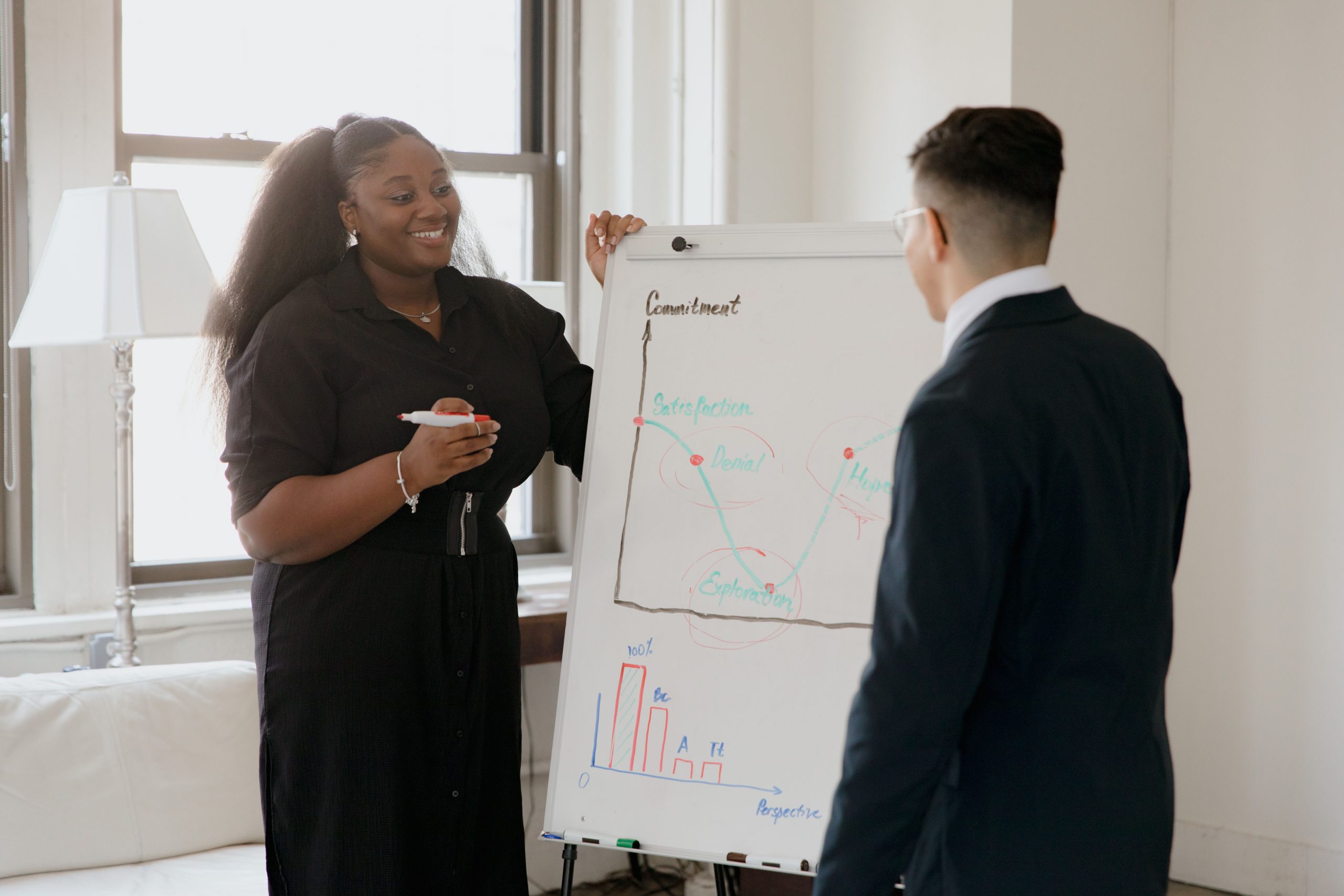 Présentation professionnelle d'équipe avec tableau de conférence