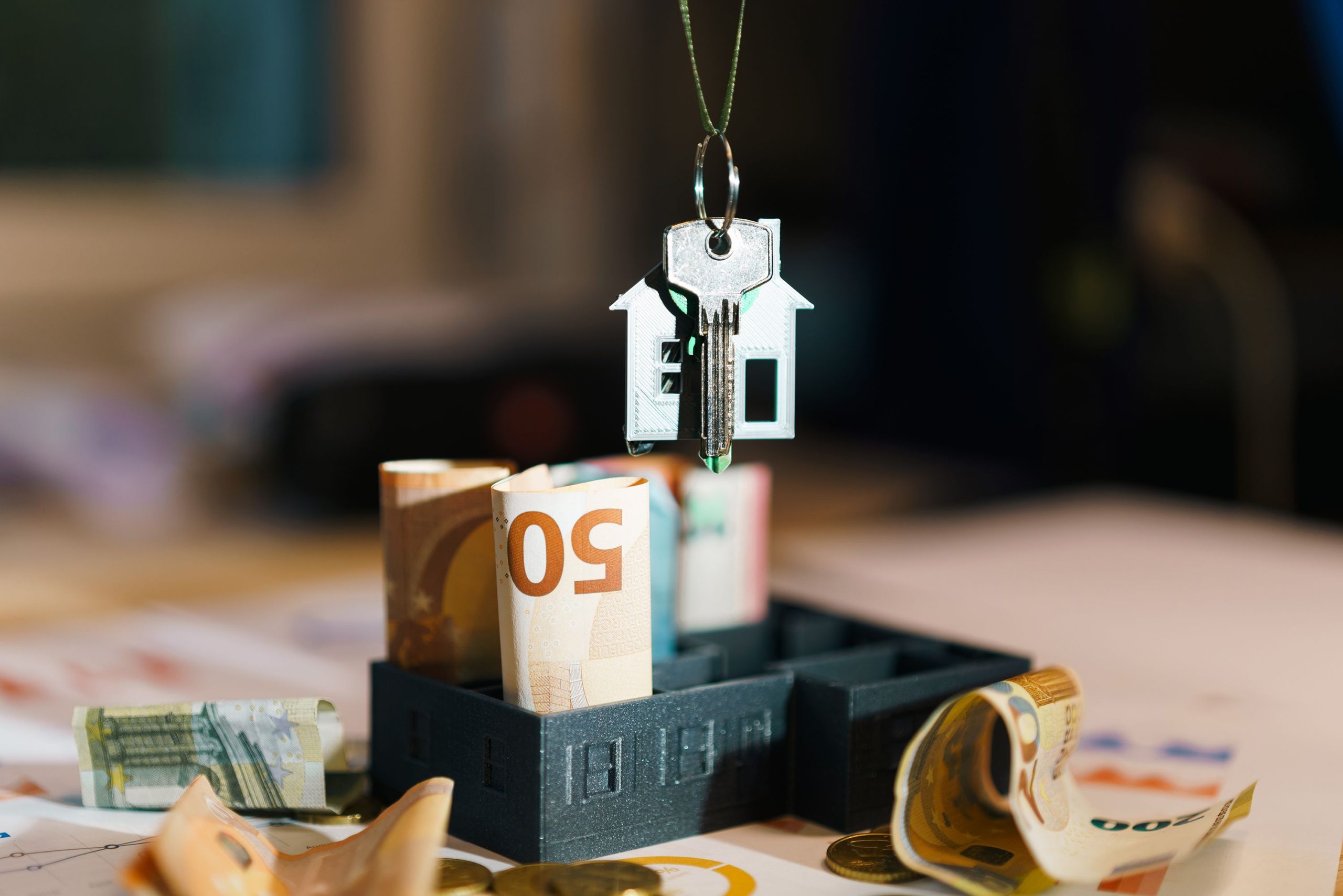 Clé de maison posée sur des billets en euros